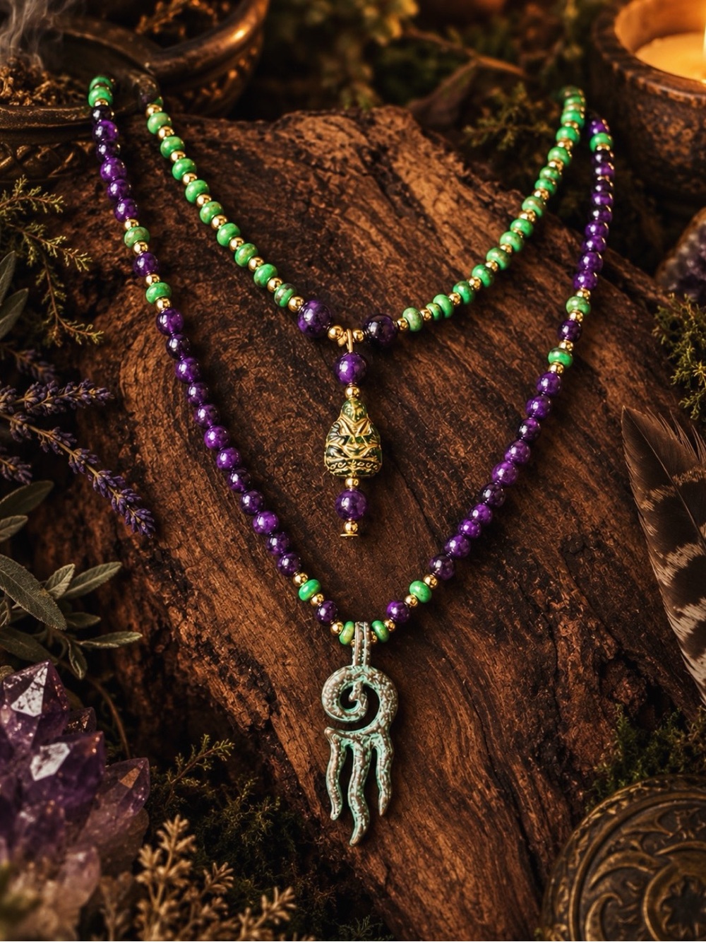 Magnesite/Purple Tigers Eye Pendant Necklaces $45 ea. Artisan Boho Jewelry